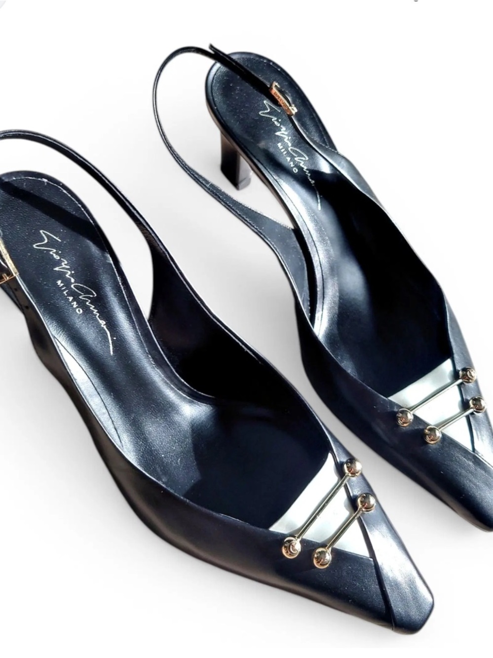 Giorgio Armani Black Leather Pointed Toe Slingback Mules with Gold Accents